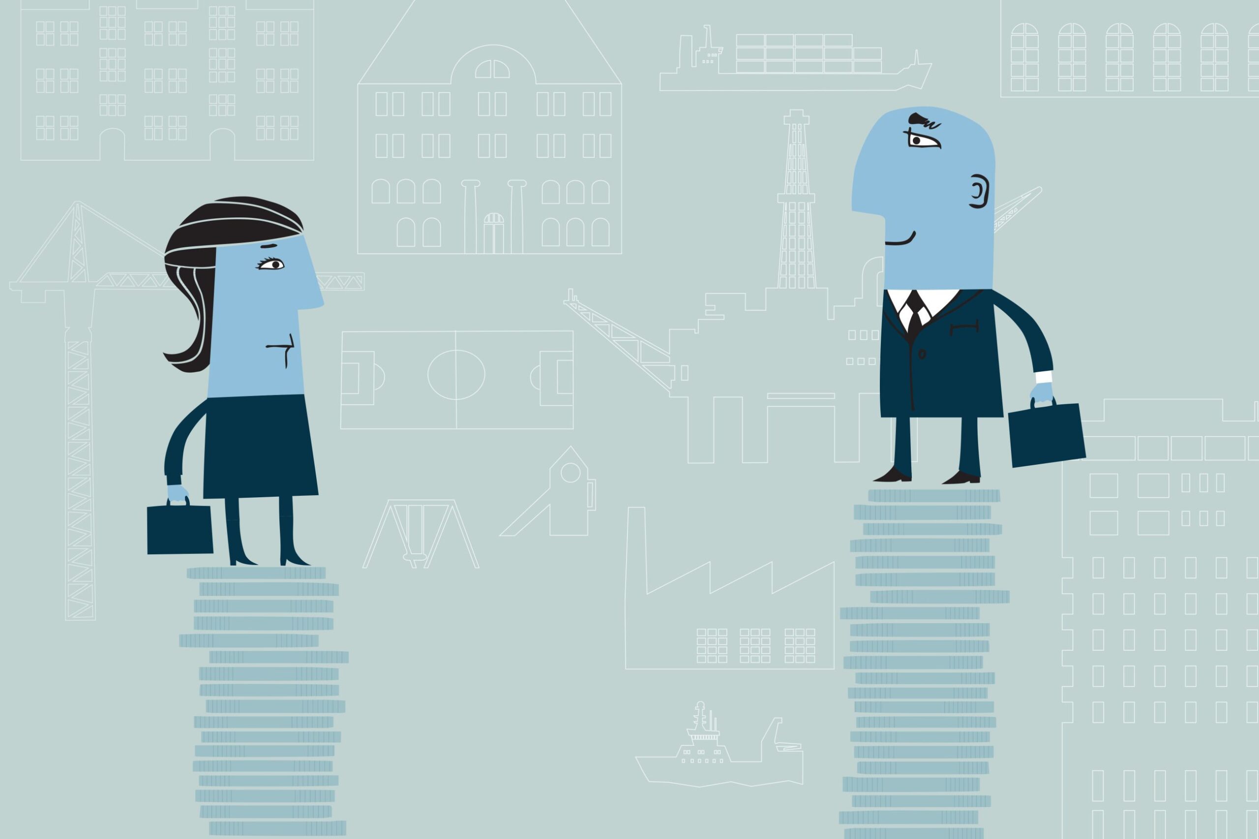 Her ser du en animasjon som viser en mann som tjener bedre enn kvinnen ved siden av.