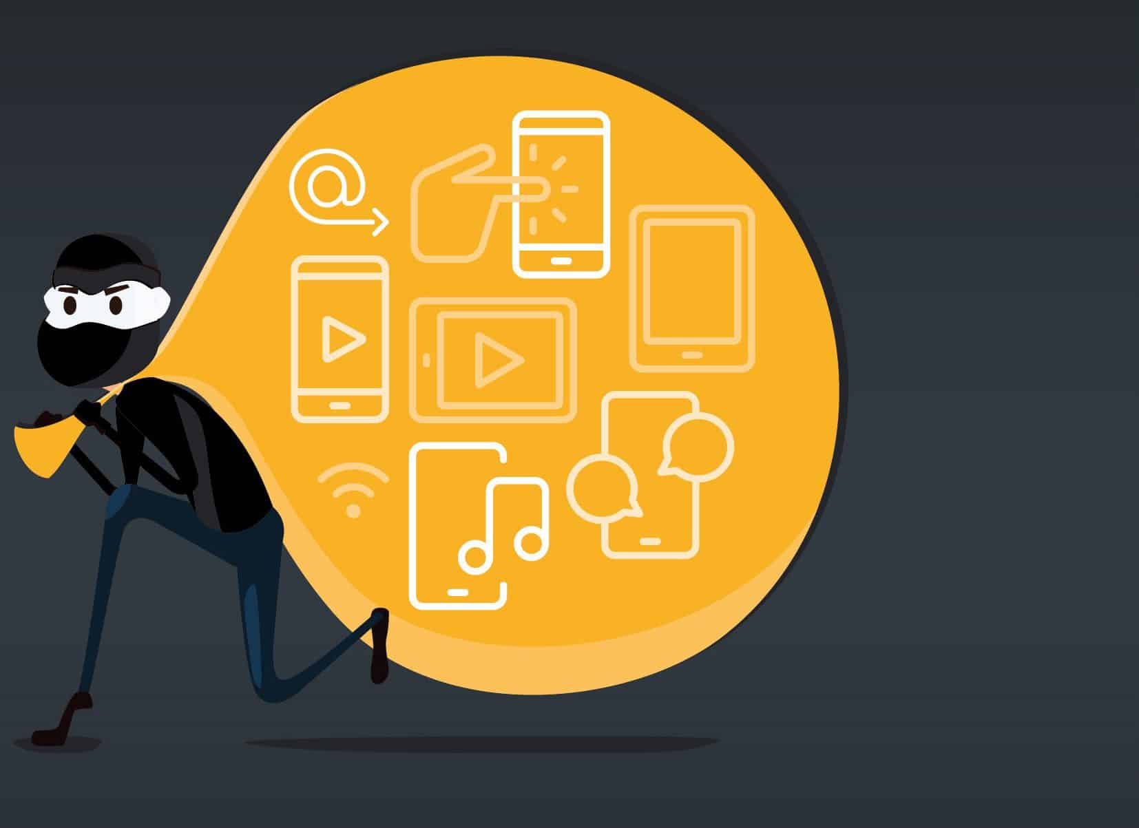 Illustrasjon av tyv har en gul sekk full av distraksjoner, som mobiltelefoner.