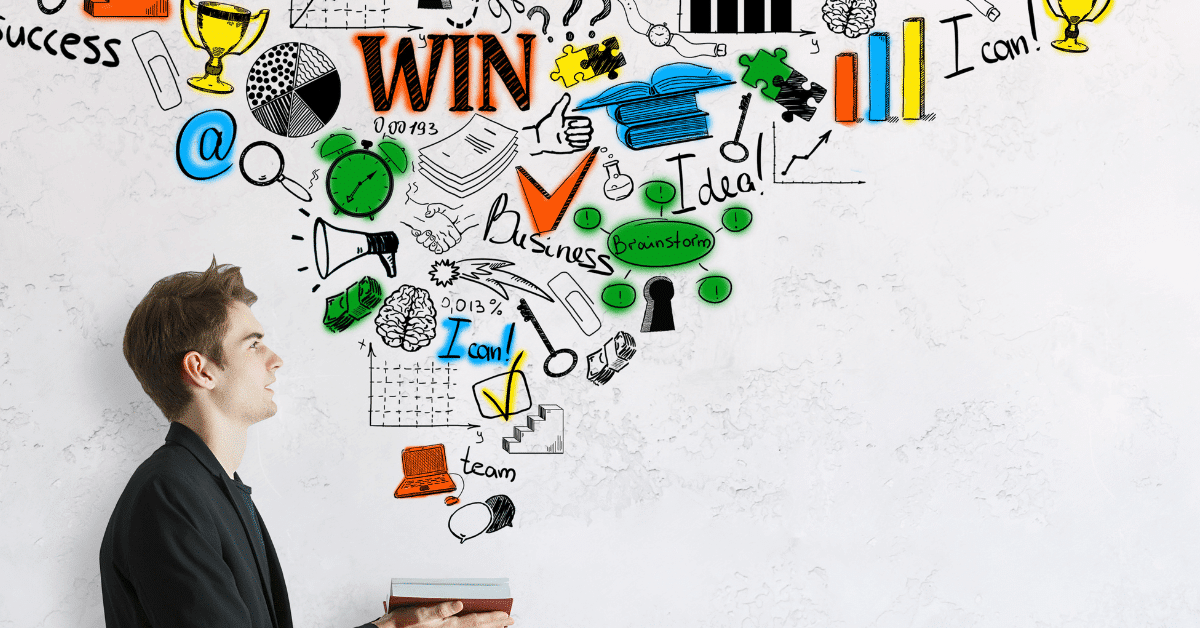 Mann med kunnskapselementer som flyr ut av en bok