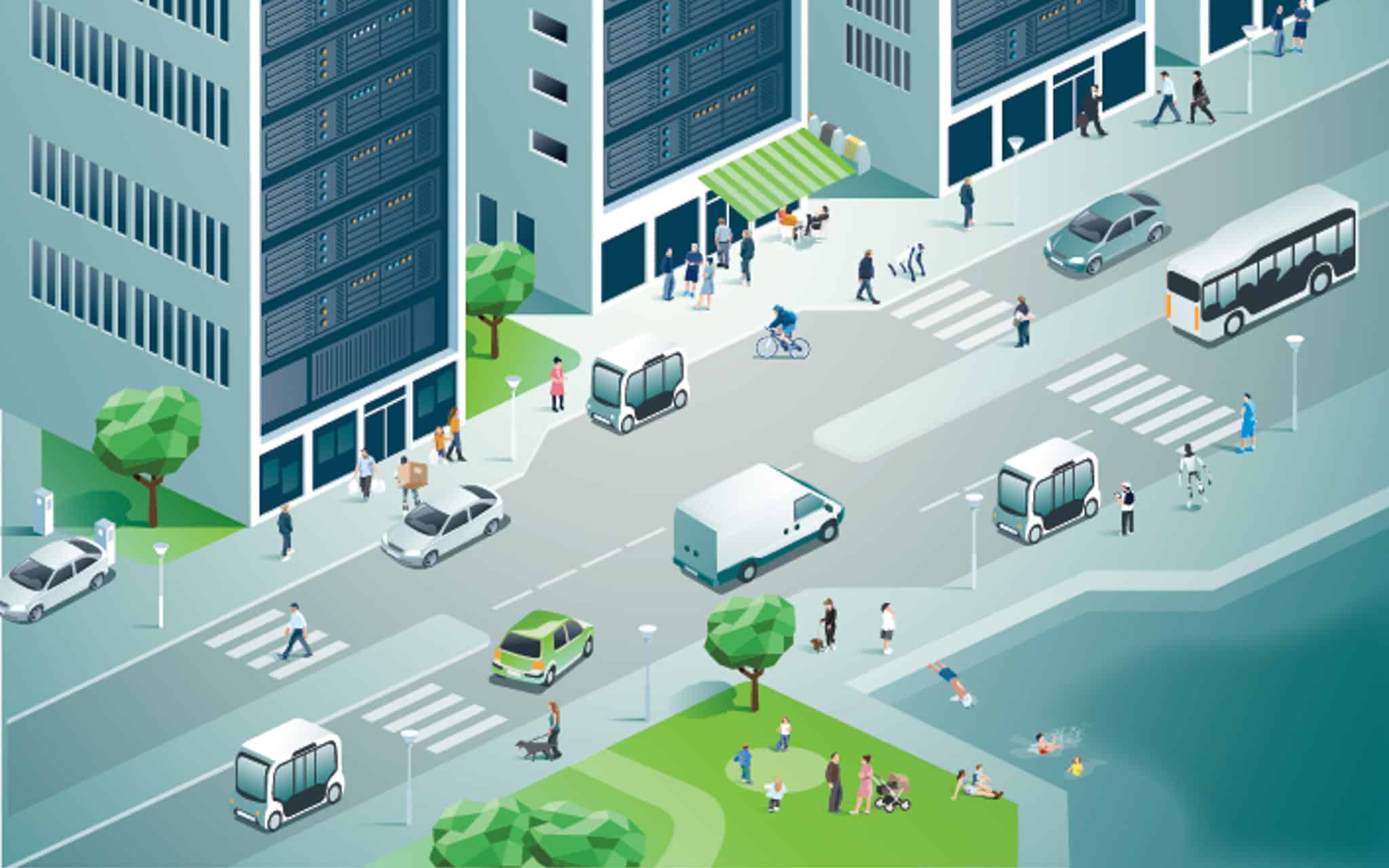 Illustrasjon av et fremtidig samfunn med kunstig intelligens.