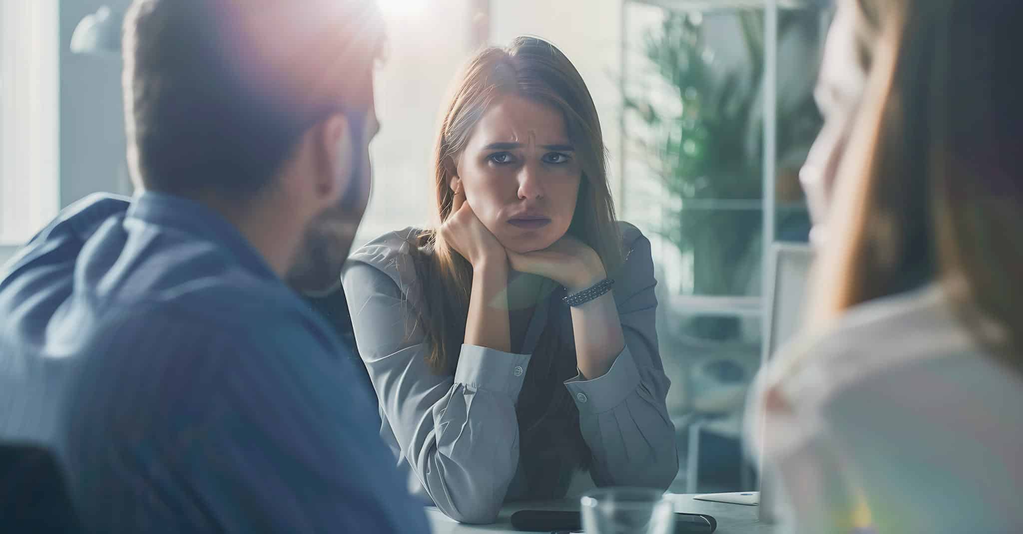 En dame ser trist ut i samtale med en leder.