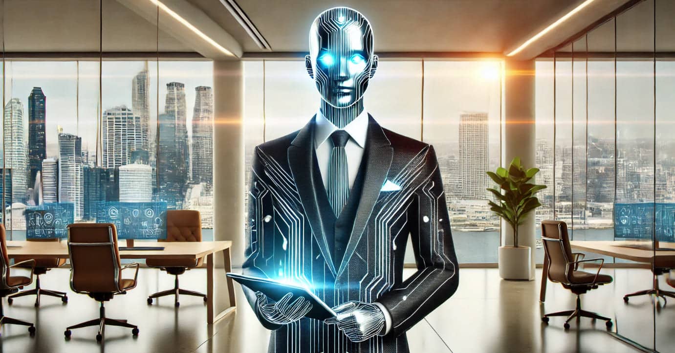 Illustrasjon av en robot i et kontormiljø.