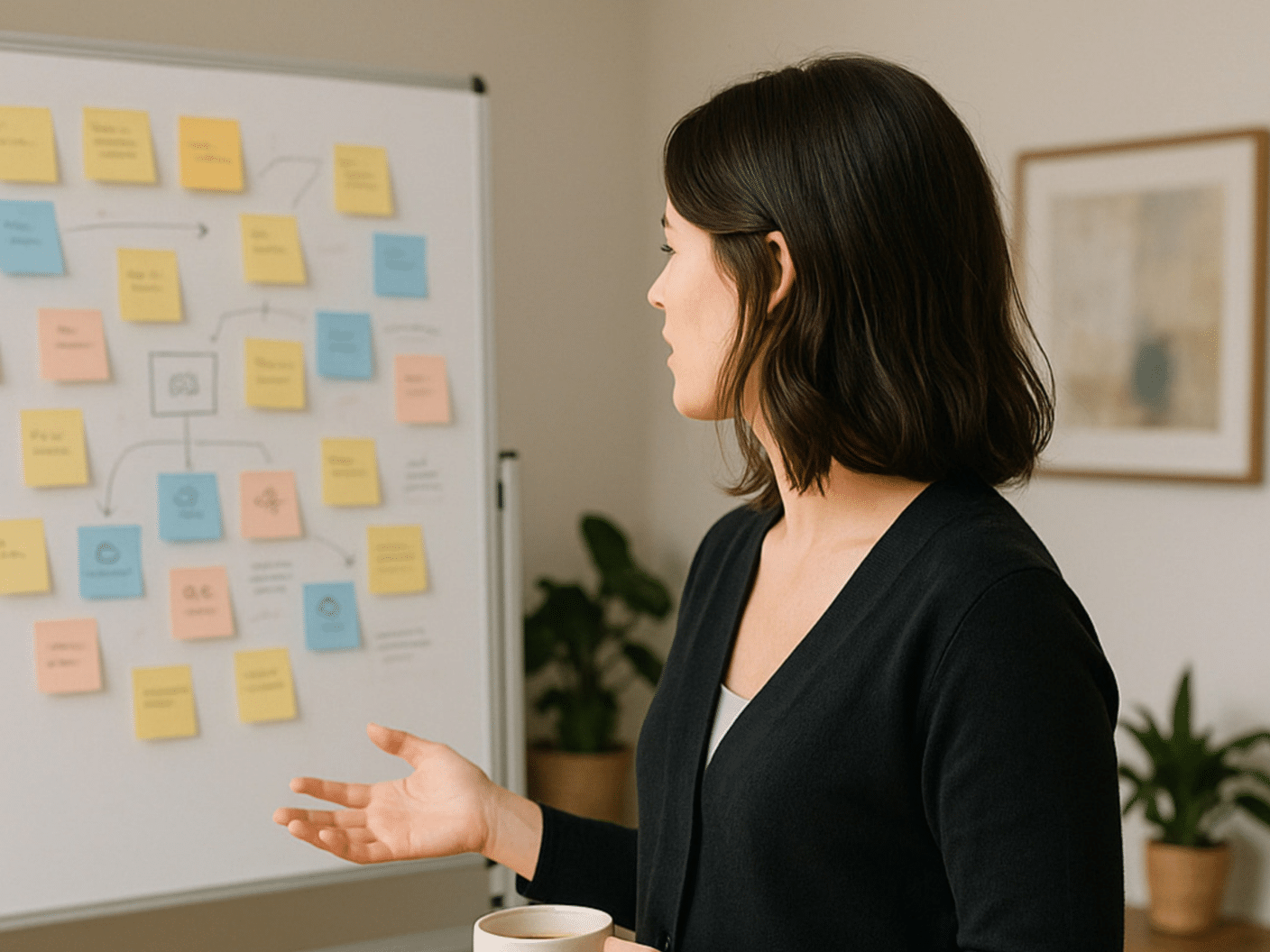 Dame står foran tavle med mange post-it lapper
